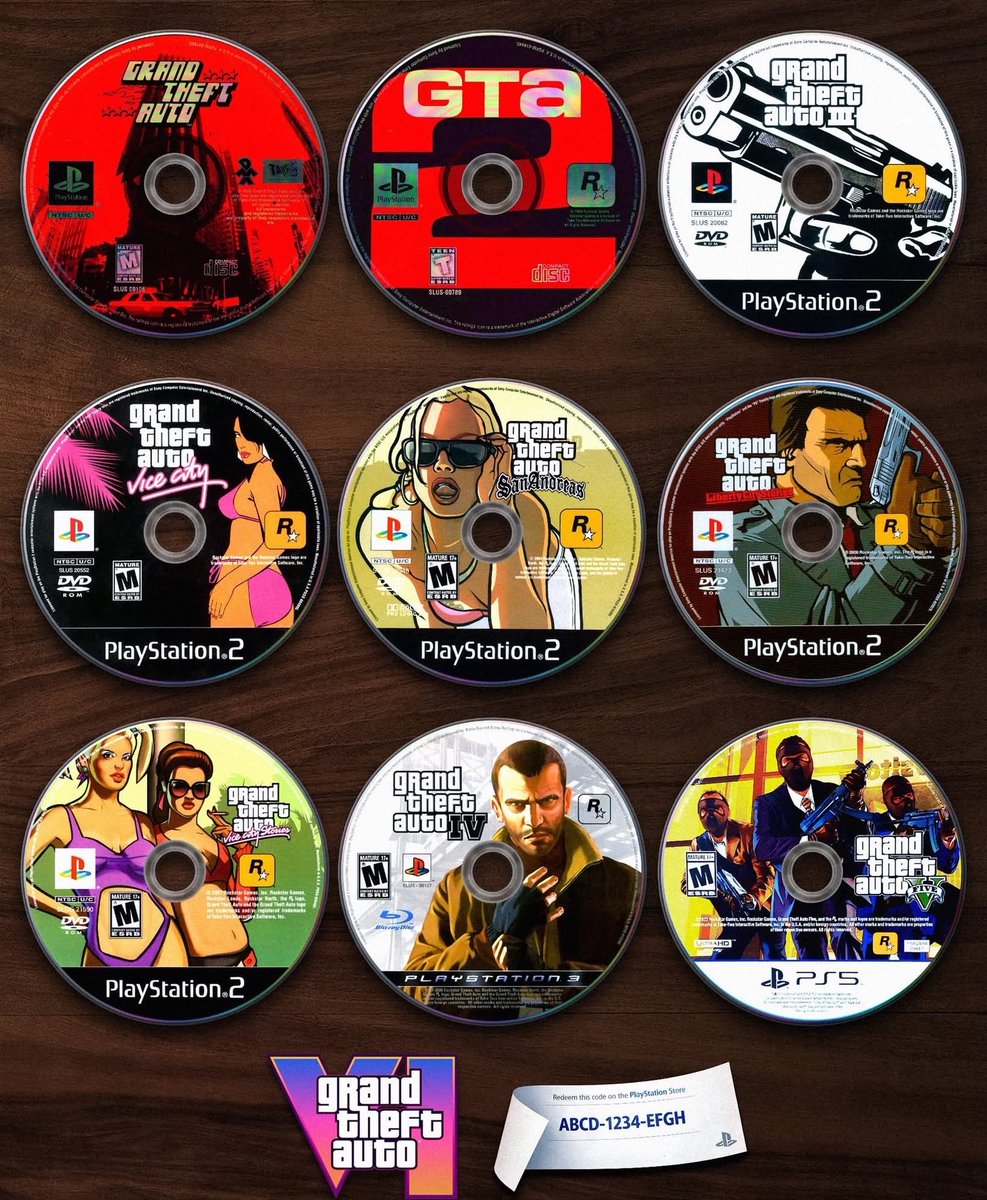 GTAVIGALAXY's tweet photo. The history of GTA disc art 🙌🏻 #gta6 #gta6memes #gtamemes #gta6news #gta6leaks #gtagalaxy https://t.co/l5pAgWUAcE