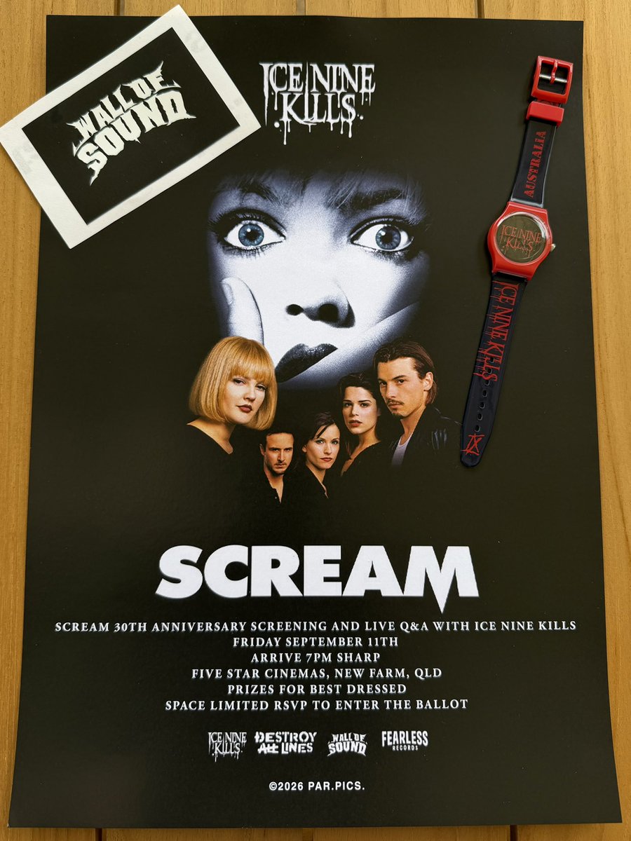 boldlygojordan's tweet photo. Scream “still is a Cultural Phenomenon”.
- Spencer Charnas
(@spencerink)
Ice Nine Kills
September 2026
Brisbane, Australia
Wall of Sound, Ice Nine Kills and Brisbane, Australia celebrating 30 years of the best horror franchise, Scream.
#scream #iceninekills #scream7 #horror #wallofsoundau