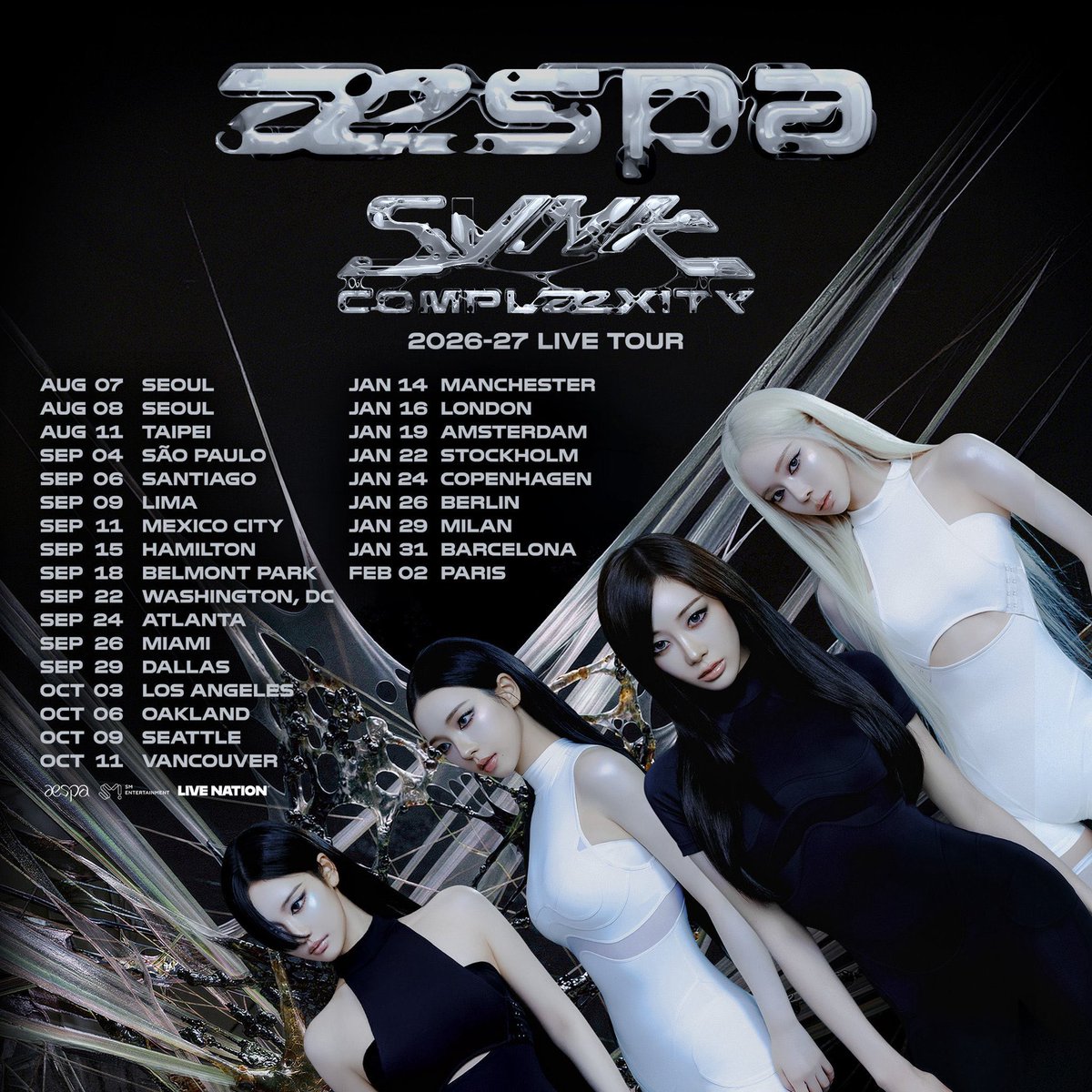 wntrult's tweet photo. 2026-2027 aespa LIVE TOUR - SYNK : COMPLaeXITY Reported Audience (to be updated) — 122,652 Attendees: 

Seoul (August 7th & 8th): 35,000 — Sold Out 👑
Taipei (August 11th): 37,000 — Sold Out 👑
São Paulo, Brazil (August 4th): 21,652
Santiago, Chile (August 6th): 13,000 — Sold Out 👑
Lima, Peru (August 9th): 5,000 — Sold Out 👑
Mexico City, Mexico (August 11th): 11,000 — Sold Out 👑