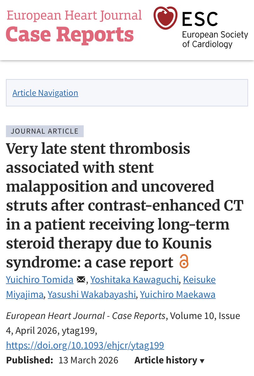 kemalkaraaa1's tweet photo. 🖋️This case suggests that VLST may result from the interplay of stent malapposition, uncovered struts, and allergic responses. Chronic corticosteroid therapy may delay vascular healing. KS should be considered in late stent 🫀thrombosis, even during long-term corticosteroid use. https://t.co/neiqpfbTm3