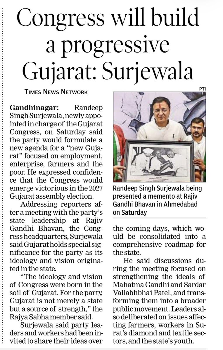 drmanishdoshi's tweet photo. ગુજરાતની ધરતી પર નવી દિશાનો સંકલ્પ! 🇮🇳
AICC General Secretary & Gujarat Congress In-charge Shri Randeep Singh Surjewala’s first visit to Gujarat received wide media coverage.
From Gandhiji & Sardar Patel’s ideals to “સત્ય, સાહસ, સંગઠન અન��� આંદોલન” 
Congress is preparing a new, progressive and people-centric Gujarat agenda focused on farmers, workers, youth, employment, enterprise and the poor.
The message is clear: 2027 માટે નવી કોંગ્રેસ, નવા ગુજરાતનો સંકલ્પ.
#RandeepSurjewala #GujaratCongress #NewGujarat #Congress #Gujarat2027