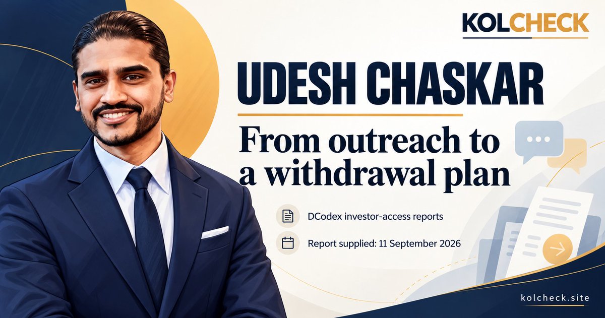 KOLCHECKintel's tweet photo. DCodex presented #Udesh_Chaskar as COO while he promoted investor trust through direct communication in an interview published on 10 April 2026. 
An update supplied to KOLCHECK on 11 September reported that investors still could not withdraw their money. https://t.co/ISrmar7Gqs