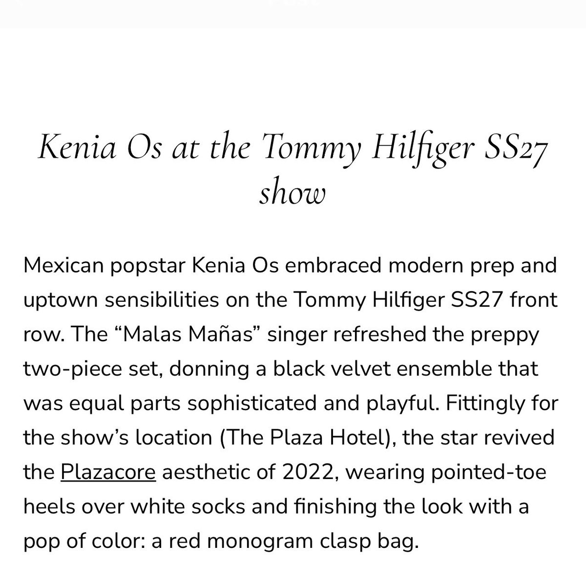 s444k_'s tweet photo. No Manners Magazine highlighted Mexican popstar Kenia Os’s look, which embraced modern prep and uptown sensibilities on the Tommy Hilfiger SS27 front row. https://t.co/qqosBRq8Yc