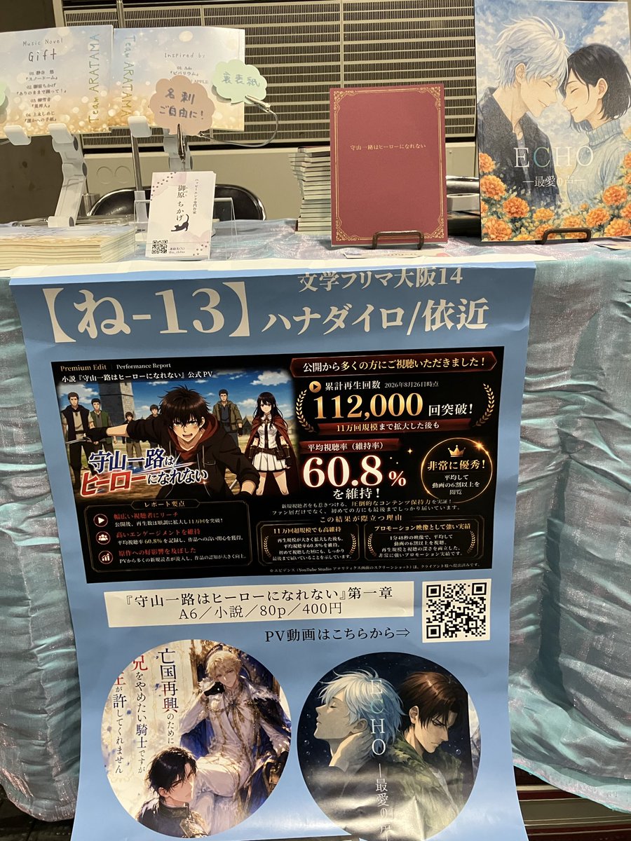 premiumedit3's tweet photo. 【PR】文学フリマ大阪14【ね-13】依近先生のブースをご紹介。

Premium Edit制作の小説『守山一路はヒーローになれない』公式プロモーションビデオの実績レポートも、原作PRとして掲示いただいています。

本日、文学フリマ大阪14へお越しの方は、ぜひ【ね-13】へ。

#文学フリマ大阪14　#文学フリマ https://t.co/JYIpZITOYH