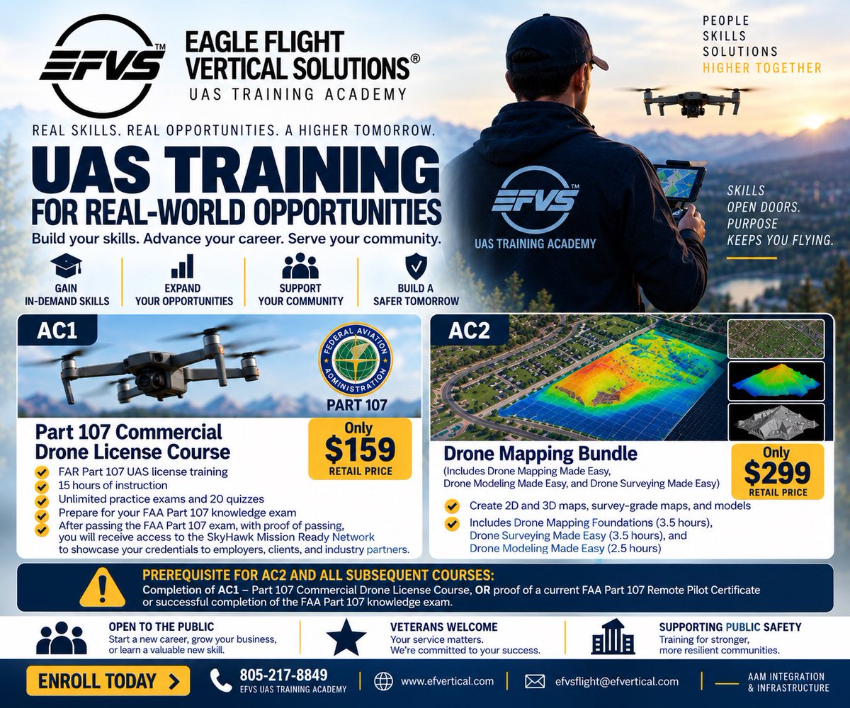 EagleHeart1111's tweet photo. Build Your UAS Skills. Expand Your Opportunities.

EFVS® UAS Training Academy provides professional UAS training for those entering the industry or expanding their capabilities.

Open to the public. Veterans welcome.

 #UASTraining #Part107 #DroneTraining #Veterans https://t.co/JhxDOvwb0P