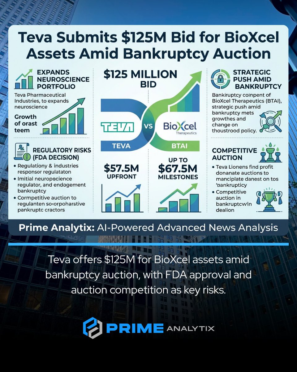 PrimeAnalytix's tweet photo. Teva offers $125M for BioXcel assets amid bankruptcy auction, with FDA approval and auction competition as key risks.
https://t.co/dLJHAG7rq7
#PharmaDeal #FDAApproval #BankruptcyAuction #NeurosciencePortfolio #TevaBioXcel #InvestmentRisks #PharmaceuticalAcquisition #TEVA https://t.co/ebATvJI1jH