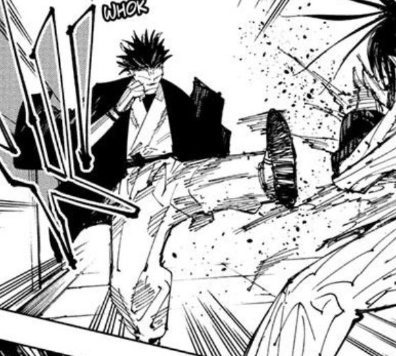 ryomen10s's tweet photo. *he instantly kicks pochita away, then he summons round deer to heal himself*

[💭: shit… straight to the gut as well.. and his regeneration speed is insane, is his rct more refined then mine?] https://t.co/tqXGylb0dT