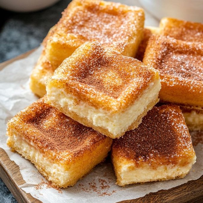 ann_ann886's tweet photo. Churro Cheesecake Bars

Servings: 12 bars
Prep Time: 15 minutes
Cook Time: 30–35 minutes
Total Time: 50 minutes (plus chilling)

Ingredients
For the Crust:
2 cans (8 oz each) refrigerated crescent roll dough
½ cup unsalted butter, melted
For the Cheesecake Filling:
16 oz (450g) cream cheese, softened
1 cup granulated sugar
1 tsp vanilla extract
1 large egg
For the Cinnamon Sugar Topping:
½ cup granulated sugar
2 tbsp ground cinnamon
¼ cup unsalted butter, melted

Instructions
Preheat oven to 350°F (175°C). Grease a 9×13-inch baking pan and line with parchment paper, leaving overhang for easy removal.
Make the bottom crust. Unroll one can of crescent dough and press it into the bottom of the prepared pan, sealing the seams. Brush with half the melted butter.
Make the filling. Beat cream cheese, sugar, and vanilla until smooth and creamy. Add the egg and beat just until combined — don't overmix.
Assemble. Spread cheesecake filling evenly over the bottom crust. Unroll the second can of crescent dough and place on top of the filling, gently stretching to cover and sealing the seams. Brush with remaining melted butter.
Add cinnamon sugar. Mix sugar and cinnamon together. Sprinkle evenly over the top crust. Some will soak into the butter and some will stay on top for that classic churro crunch.
Bake for 30–35 minutes until the top is golden brown and the center is just set with a slight jiggle. It will firm up as it cools.
Cool and chill. Let cool completely at room temperature, then refrigerate at least 2 hours (preferably overnight) for cleanest slicing.
Serve. Lift out using parchment overhang. Cut into 12 squares. Dust with extra cinnamon sugar if desired.

Tips
Seal crescent seams well — any gaps and the filling leaks through during baking.
Don't overbake — the center should still have a slight wobble when you pull it out; it sets firm in the fridge.
Cold cheesecake slices cleaner — warm bars will squish and lose their layers.

Variations
Add a layer of dulce de leche or caramel sauce under the cheesecake filling.
Mix mini chocolate chips into the cheesecake batter.
Drizzle with melted chocolate or a simple glaze for extra indulgence.