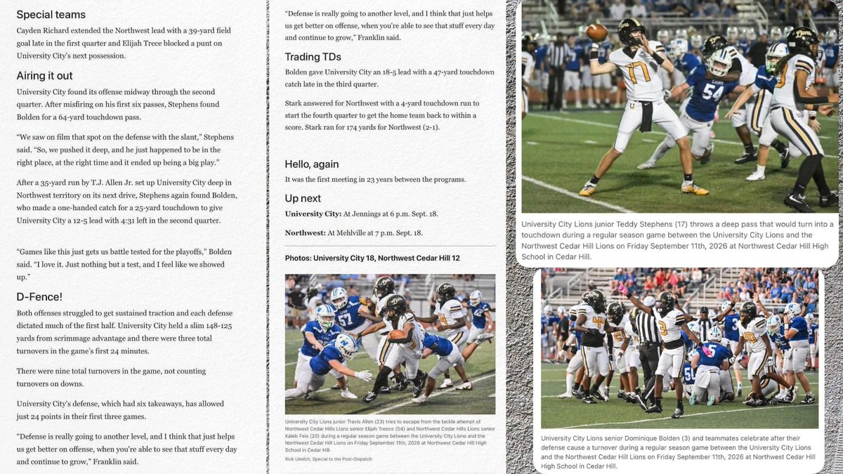 TeddyQB18's tweet photo. Fought a gritty battle against a good Northwest team. Appreciate @STLhssports being there to cover it. They were right @Deejayup1 was electric on both sides of the ball! #UTime #LionPride @willfranklin_85 @coreypatterson1 @TheMRQU @sixstarfootball @JPRockMO https://t.co/OWQwoWRpIz