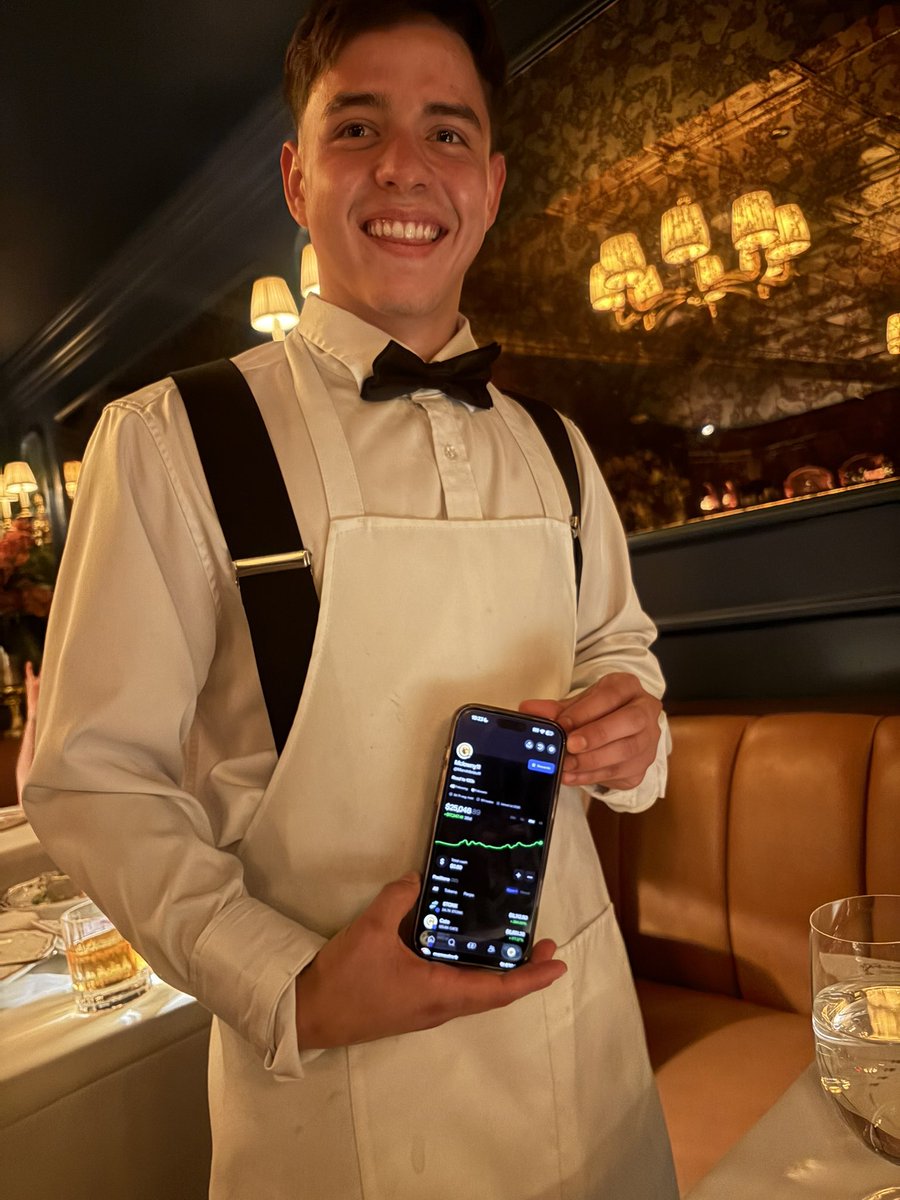 orangie's tweet photo. Okay I have the craziest story ever. 

Went to carbone for dinner and my waiter recognized me, and he started shilling me Cate. 

He said biggest community ever, I had never been shilled a memecoin irl at a restaurant lol. 

And then he showed me his pnl. He’s up over $20k this month. 

He’s hit Stonk, Cate, Brew, etc. 

He’s a new trencher and it made me so happy to see this honestly. 

@PoorGoat_ you’re doing something crazy lol. Send him some extra CATE! For bagworking. 😎