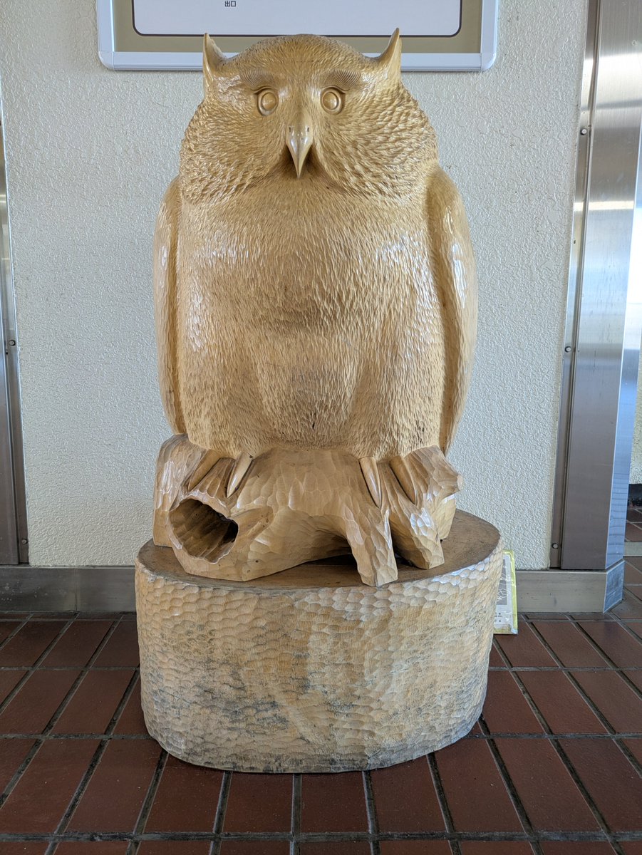 doi_takafumi's tweet photo. 北海道コンサドーレ札幌の勝利を信じて、
ＪＲ千歳駅内で先日見かけた
しまふくろうさんの木彫りを🙏

けっこう大きなものでした。 https://t.co/UtxXEPCTNg