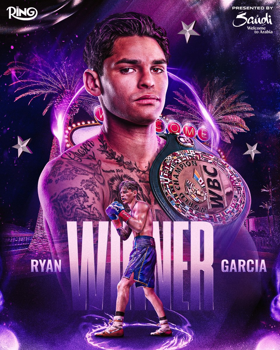ringmagazine's tweet photo. DOMINATION ‼️

Ryan Garcia knocks out Conor Benn in round two to defend his WBC welterweight title 👑

Presented by @VisitSaudi 

#GarciaBenn | Live NOW on @ParamountPlus and @DAZNBoxing 🥊 https://t.co/z9K4kfXo6q