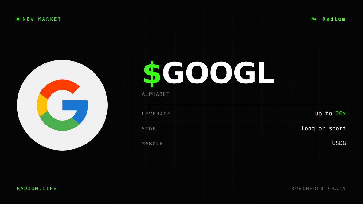 radiumdotlife's tweet photo. $GOOGL is now live on Radium with up to 20x leverage long or short in USDG

Running on @RobinhoodApp chain

https://t.co/ZcBKtAC0vQ https://t.co/qiCBagsYDg