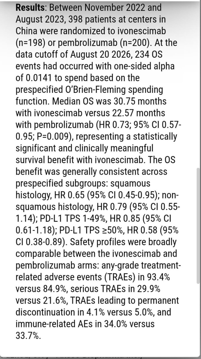 SuyogCancer's tweet photo. 🚨 HARMONi-2: OS data . 
Ivonescimab vs pembrolizumab:
🔹 OS: 30.75 vs 22.57 mo
🔹 OS HR 0.73 (95% CI 0.57–0.95; P=0.009)
🔹 PFS: 11.1 vs 5.8 mo
🔹 PFS HR 0.51 (95% CI 0.38–0.69; P<0.0001)
OS by subgroup: • Squamous: HR 0.65 (0.45–0.95)
• Non-squamous: HR 0.79 (0.55–1.14)
• PD-L1 1–49%: HR 0.85 (0.61–1.18)
• PD-L1 ≥50%: HR 0.58 (0.38–0.89)
Looking forward to full presentation and discussion. @IASLC
@dr_yakupergun @StephenVLiu @RManochakian