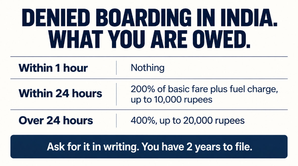 san_x_m's tweet photo. If an airline in India bumps you off a flight you have a confirmed ticket for, it owes you money.

Not a voucher. Not an apology. Money, fixed by law.

Almost nobody claims it, which is exactly why this keeps happening.

The rules are set by the Directorate General of Civil Aviation and they are not optional.

Denied boarding.

If you have a confirmed ticket, reported on time, and the airline refuses to let you board because the flight is overbooked, this applies.

If they put you on another flight within 1 hour of your original departure, they owe you nothing.

If the replacement flight is within 24 hours, they owe you 200% of the one way basic fare plus fuel charge, capped at 10,000 rupees.

If it is more than 24 hours, that doubles to 400%, capped at 20,000 rupees.

If you decline the alternative and want out, they must refund the full ticket and pay compensation on top.

Cancellations.

If the airline cancels with less than 2 weeks notice and does not offer you an alternative within a reasonable window, you are entitled to compensation as well as a refund.

Delays.

Meals and refreshments after a certain delay. Hotel accommodation if you are stuck overnight. This is on them, not on you.

Baggage.

Damaged, delayed or lost baggage carries compensation under the rules. Keep the tag and report it before you leave the airport.

Now the part that matters more than the rules.

In 2022 the aviation regulator fined Air India 10 lakh rupees. The reason was that during checks at Bengaluru, Hyderabad and Delhi, inspectors found the airline was denying boarding to passengers with valid tickets and not paying the compensation it was legally required to pay.

The regulator's own words were that the airline may not have a policy in this regard.

So this is not a matter of you missing a form. Airlines have been caught simply not paying.

What to actually do.

Ask for the denial in writing at the counter. Photograph the boarding pass and the departure board. Send a written complaint to the airline and keep the acknowledgement.

If they do not settle it, you have 2 years to file in a consumer commission. You can file online and you do not need a lawyer for small claims.

The compensation exists whether or not you ask.

It just stays with the airline if you do not.