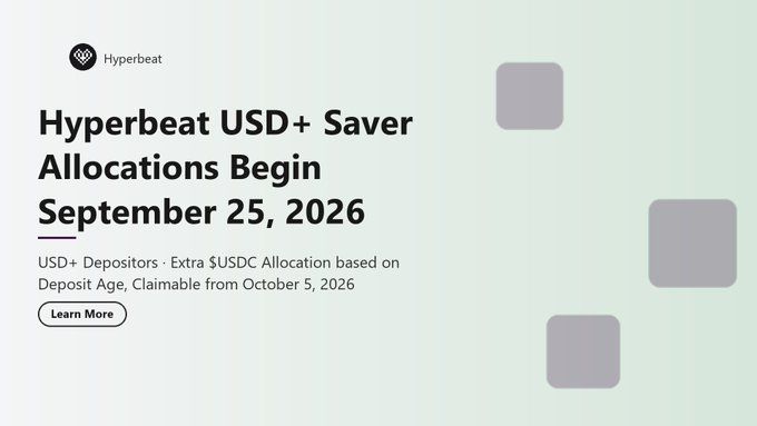 bybobaitupdates's tweet photo. @hyperbeat @Apple USD+ Saver Bonus Allocations begin September 25, 2026.

Additional $USDC eligibility is determined by deposit age, with claims available from October 5, 2026.

Learn more 🔗
https://t.co/viiiWazYRE https://t.co/n7r7PlPSk2