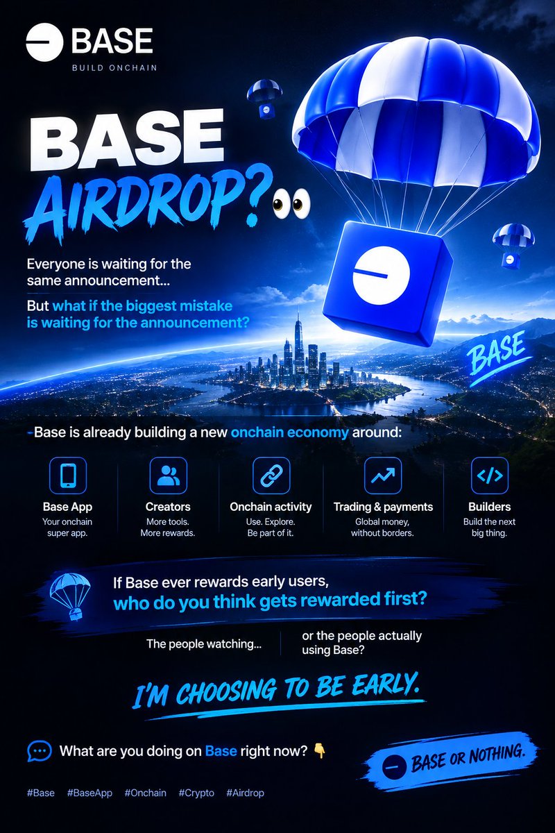 mafieaminhaj's tweet photo. BASE AIRDROP? 👀

Everyone is waiting for the same announcement…

But what if the biggest mistake is waiting for the announcement?

Base is already building a new onchain economy around:

🔵 Base App
🔵 Creators
🔵 Onchain activity
🔵 Trading &amp; payments
🔵 Builders

More👇👇👇 https://t.co/Qk2y0iJPeP