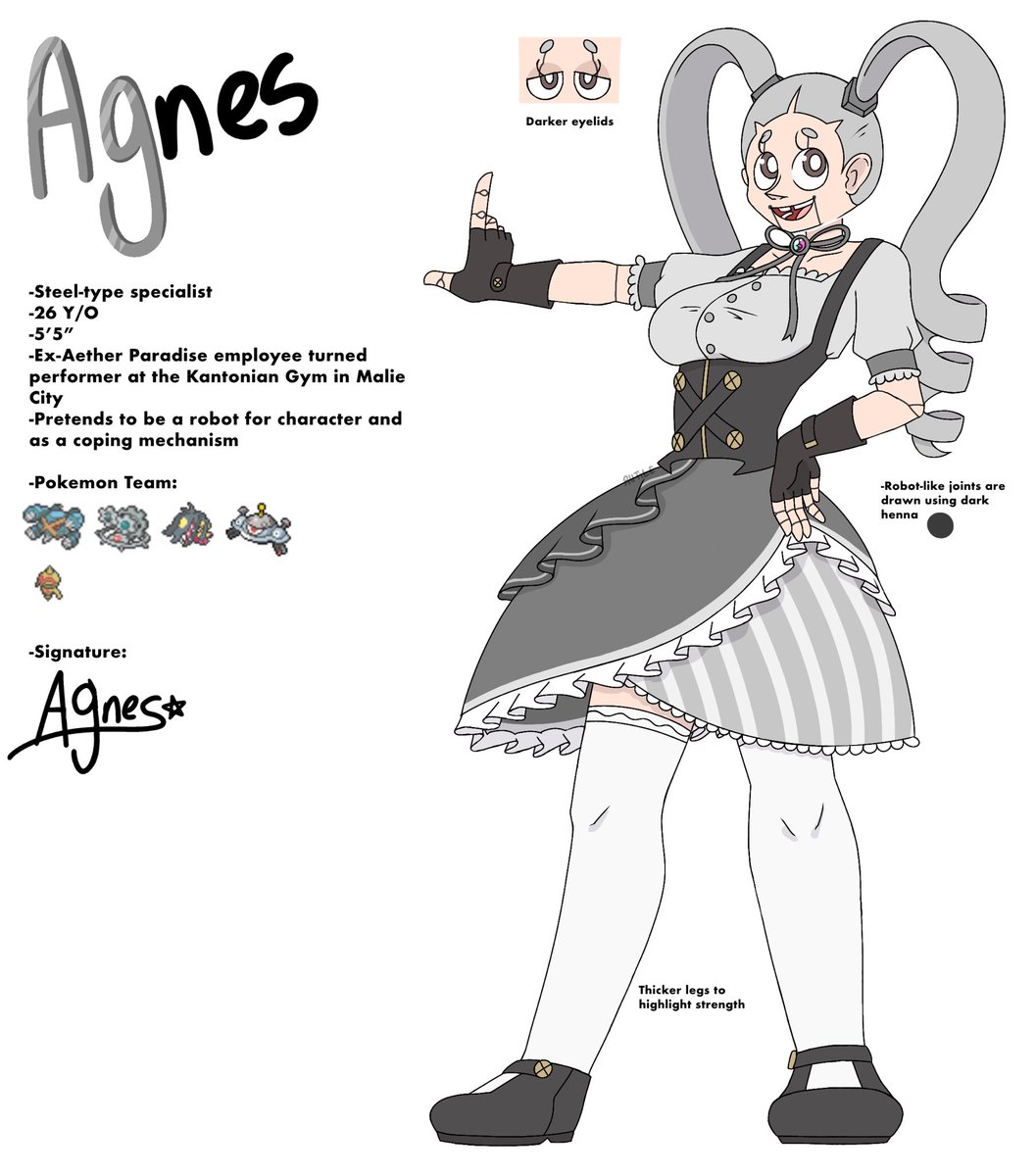 SH1FTTKEY's tweet photo. Presenting my girly, Agnes! She’s a Steel-type specialist and a performer at the Kantonian Gym in Alola!🩶
As the coloring implies, her name is Agnes because “Ag” is the symbol for silver. :)

[Please don’t reupload/use]
#Pokemon #PokemonArt #PokemonOC #TrainerOC https://t.co/wg1bMzxb9c