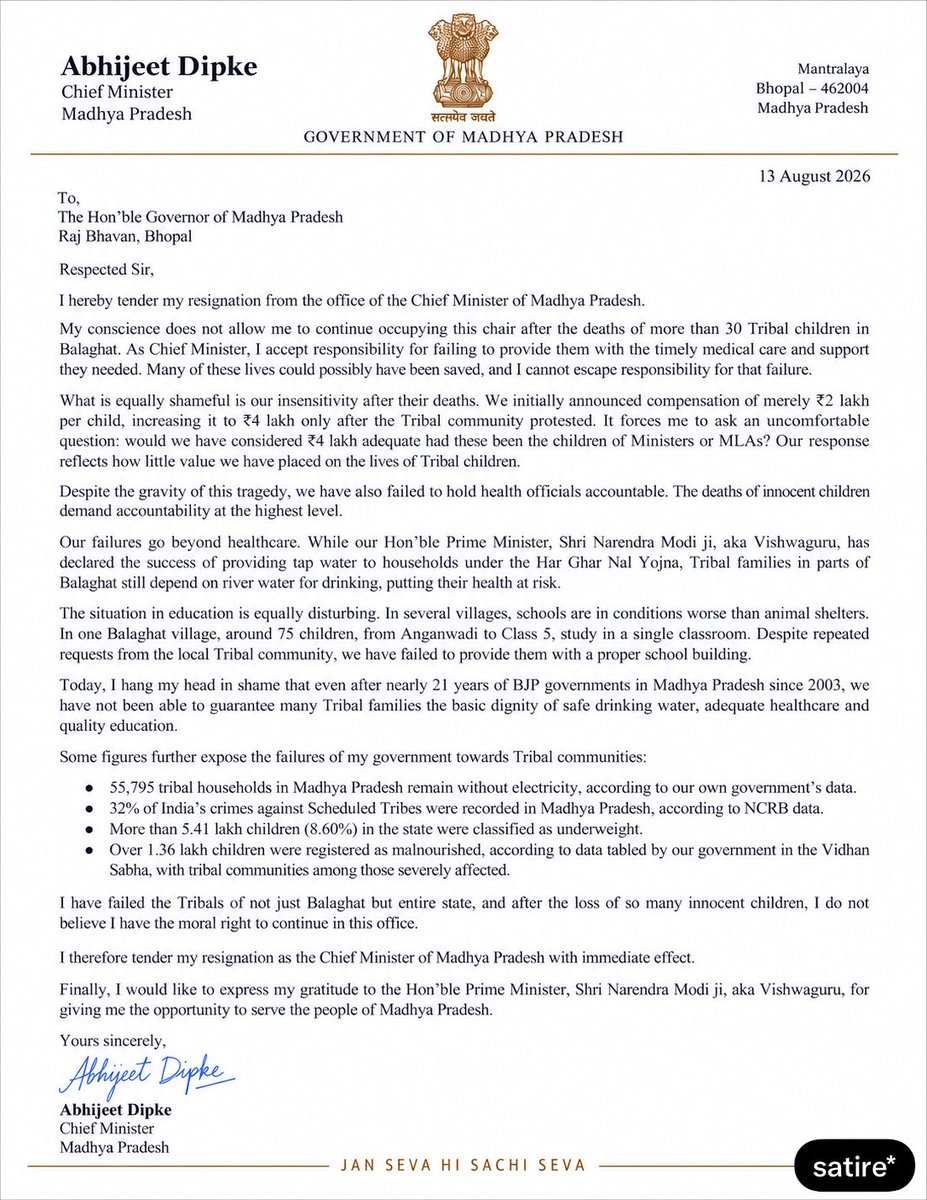 abhijeet_dipke's tweet photo. I hereby resign as the Chief Minister of MP with immediate effect. 

I thank Hon’ble PM @narendramodi ji for giving me the opportunity to serve the people of MP, an opportunity in which I have clearly failed.

@GovernorMP https://t.co/BVhfJDIf5n