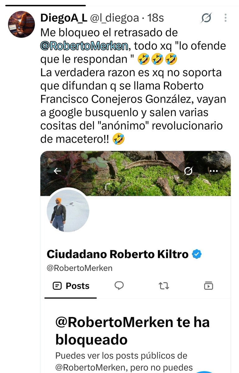 javierrosass's tweet photo. @RobertoMerken Asi que no te gusta que se sepa que te llamas Roberto Francisco Conejeros González?   Pucha, saludos entonces Roberto Francisco Conejeros González 🤣🤣🤣🤣🤣🤣 https://t.co/38MiN5MqLp