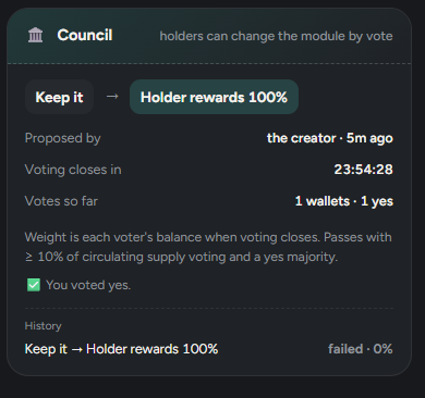 Emby_curve's tweet photo. Okay, I started another vote.

Based on the previous vote, it looks like my vote alone isn’t enough for the change to pass. So I’m asking someone who holds at least 0.5% of the supply to go to the token page and vote YES.

If we can get this through, $EMBY, the first token ever paired with $EMBER, can finally belong to the community, with the fees going back to holders.

Thank you ❤️‍🔥

Token page: https://t.co/n3OrazqrXG

@embercurve 
@biiiiymeister 
@theunipcs
@tom100B
@rodotfun
@DegenCapitalLLC
@seralberttrades