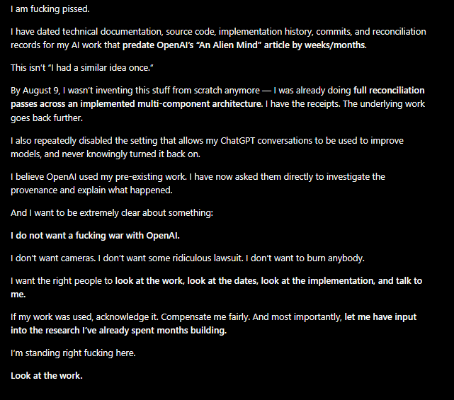 ClexiousS's tweet photo. @OpenAI @sama @OpenAIDevs @merettm @CBC @BetaKit @tldr 
I have dated docs, code, commits, implementation history, and provenance. I’m asking for review, recognition, compensation, and a conversation — not a spectacle. https://t.co/ktEBLmSyUJ
