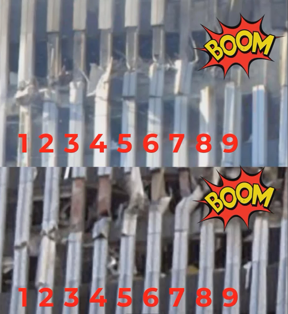 SteveDeak3's tweet photo. @JackMedia7 Those are the cladding seams.  The cladding was installed in 12-foot sections.  The real question is what jet wing striking head-on could cause such remarkably similar left to right damage in both towers. https://t.co/0AWeee1MO2