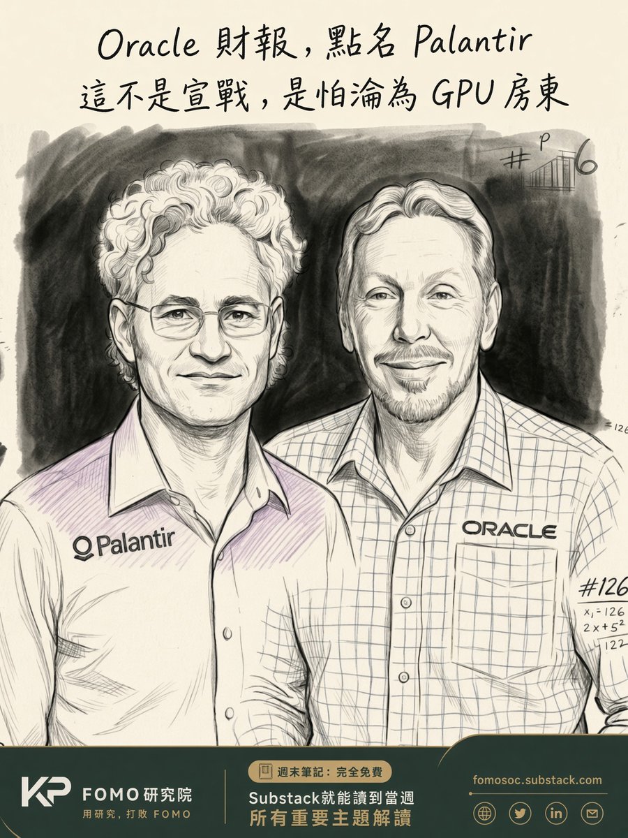 FomoSoc's tweet photo. Oracle 最新財報會議上，刻意點名了一個名字：Palantir。
​
Oracle 直接將其公開定性為昂貴、耗時且高度依賴人工精雕的高級訂製服。Oracle 強調 Palantir 雖然是企業本體論(Ontology)的先驅，卻只能為每個客戶手工打造。
​
話鋒一轉，Oracle宣布自家的 AI Data Platform（AIDP）能夠做到「全自動生成本體論」，要讓整套流程變得無比便宜、簡單又快速。
​
▋不想只當 GPU 房東
​
要看懂這份公關稿，我們必須先回頭看最真實的財務數字。
​
這一季，Oracle 的 OCI（雲端基礎設施）營收暴增了 121%，但核心 SaaS 業務卻只成長了微薄的 10%。更驚人的是，公司預計要砸下超過 900 億美元購買設備與興建資料中心，這直接讓現金流陷入極度吃緊的狀態。
​
���是一個非常危險的訊號。如果只靠販售算力，Oracle 終將淪為只會出租 GPU 的「數位房東」。花了天價購買設備，最後卻只能賺取微薄的過路費。
​
現實情況是，客戶拿著 Oracle 的設備來訓練 AI，但真正高利潤的決策核心，像是商業邏輯判斷、AI Agent 自動執行與資料回寫，全都運行在 Palantir、Databricks 或微軟的平台上。
​
在 AI Agent 時代，競爭關鍵早已轉變成誰擁有執行權限，不再是誰幫忙存資料。一旦決策權被拿走，Oracle 引以為傲的資料庫，隨時都會降級成可有可無的後台系統。
​
因此，推出 AIDP 的本質其實是一場護城河保衛戰。Oracle 試圖在自家系統外圍強行套上一層 AI 決策護盾，硬生生把戰場從日益廉價的算力層，向上拉升至高價值的軟體控制權。
​
▋ 甲骨文能攻佔 Palantir 嗎？
​
談到 Palantir 的核心護城河，其實是他們那群強大的前線工程師團隊���FDE）。這群��家直接進駐客戶公司，動輒耗費數月甚至數年，把最混亂的數據與業務流程梳理成完美的架構。這種模式極度依賴頂級人才，雖然單價高且客戶黏性極強，但本質上屬於耗時的手工精品。
​
Oracle 宣稱能用 AI 實現工業化量產，甚至端出了非常迷人的時間表，包含醫療系統導入時間能從幾個月縮短至數週，NetSuite 更能從幾十個月壓縮到只需幾週。
​
Oracle 底氣這麼足，是因為他們最擅長後台紀錄系統（System of Record）。在自己的系統裡，發票、工單與理賠的定義本來就清清楚楚，讓 AI 在自家乾淨的資料上自動貼標籤，難度確實不高。
​
但 Palantir 專注於前線營運（System of Action）。他們的客戶通常沒有統一的系統，AI 必須橫跨幾十個不��品牌的混亂舊系統，動態判斷飛機到底能不能起飛，並直接下達指令。
​
簡單來說，Oracle 是讓 AI 繼承自家平台上的標準規矩，Palantir 則是在一塌糊塗的亂局中從零建立秩序。
​
有趣的是，Oracle 一邊高喊全自動，另一邊卻也開始悄悄招募自己的前線部署工程師。這其實是一次無聲的承認，代表自動化的最後一哩路終究還是需要人力來填平。
​
▋為什麼偏偏是現在？
​
背後其實有三大推手：
​
爭奪定義權： 本體論這個詞最近徹底破圈，Databricks、Snowflake 到微軟都在搶著用，Oracle 必須立刻搶下話語權，否則只會被邊緣化。
​
眼紅真實預算： Palantir 的美國商業客戶營收成長超過 130%，證明這是一筆實打實的企業預算。Oracle 絕不可能眼睜睜看著這筆錢流向那些把 OCI 當成底層基礎設施的競爭對手。
​
重塑華爾街敘事： 華爾街現在只把 Oracle 當成一家開���高槓桿的 GPU 建商。在財報中公開點名 Palantir，就是在向市場宣告公司不只賺���礎設施的電費，更要拿走應用層的高額軟體利潤。
​
▋這只是一道防禦性高牆
​
這是一個突然被開發出來的新市場嗎？答案是否定的。AIDP 其實已經推出快一年了，真正改變的只有 Oracle 的公關敘事手法。
​
那 Oracle 能兌現承諾嗎？部分可行。在自家生態系內的自動化能力無庸置疑，但在跨系統的複雜營運場景中，他們依然缺乏足夠的實證。
​
Oracle 為什麼要這麼做？目的非常明確，就是要防止 OCI 淪為廉價的算力管道，同時重新拉一把成長乏力的 SaaS 業務。
​
這會成為 Palantir 殺手嗎？完全不會。
​
Oracle 的真正意圖，是在核心客戶周圍築起一道防禦高牆，並向中端市場提供夠用就好的平價替代方案，藉此壓縮 Palantir 向下滲透的空間。
​
最合理的結論是，Oracle 並沒有在一夜之間變成 Palantir。它只是在竭盡全力，避免自己最終淪為 NVIDIA 的地主，手���卻緊握著一個成長停滯的 SaaS 部門。
​
這個主題，收錄在我週末的免費筆記中，今週有6個主題，你只需要免費訂閱，就能定期收到我的看法。
​
另外，Oracle 一直以來都是一家評價極端兩極的公司。針對這次最新財報，我剛好深入剖析了裡面所有關鍵數字，看完之後，相信你就會完全看懂 Oracle 現在真正的處境與局勢了。
​
兩份分析鏈結都放在下方。
​
- KP