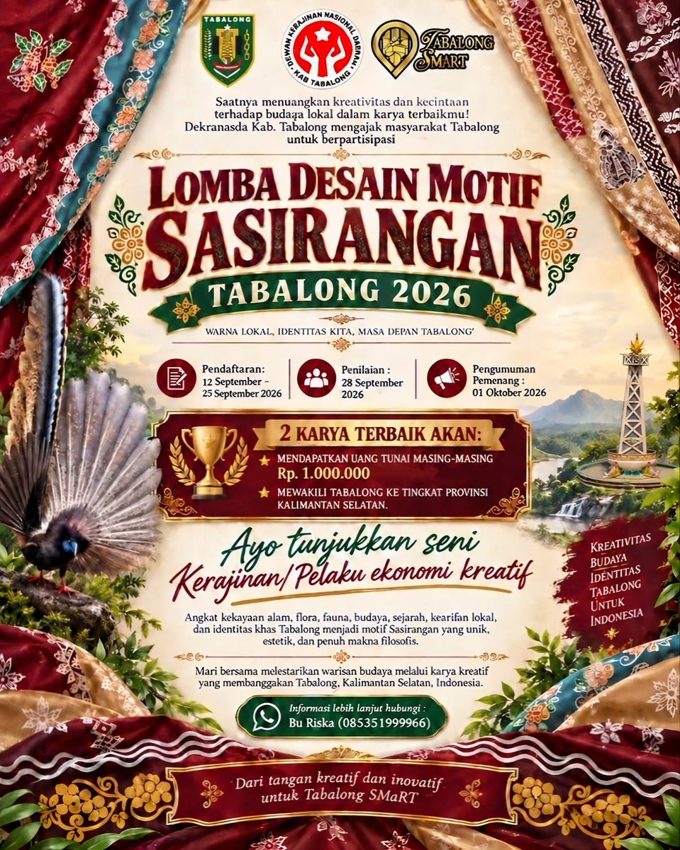 mc_tabalong's tweet photo. LOMBA DESAIN MOTIF SASIRANGAN TABALONG 2026

Saatnya menuangkan kreativitas dan kecintaan terhadap budaya lokal dalam karya terbaikmu! https://t.co/Y2pVPX2x5x