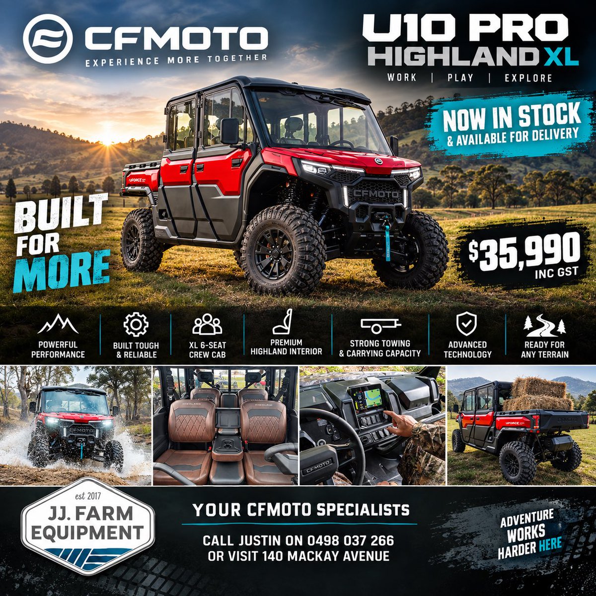 JJFarmPsports's tweet photo. Take the Crew Out in Style…..In stock & ready to go!
 
@CFMotoAU U10 PRO HIGHLAND XL, loaded with premium features,
including:
-full-cabin for six, HVAC system with heating and
air-con for a truly first-class experience.
-Electric tilt-up glass windshield
-Wiper/washer system
-Rear glass windshield with ‘trucker’ slider window
-Colour matched doors with glass power windows
-Heating & Air conditioning (HVAC system)
-Premium headlining and audio system
-Premium HIGHLAND embroidery and badging

Call Justin on 0498 037 266 or visit 140 MacKay Ave.