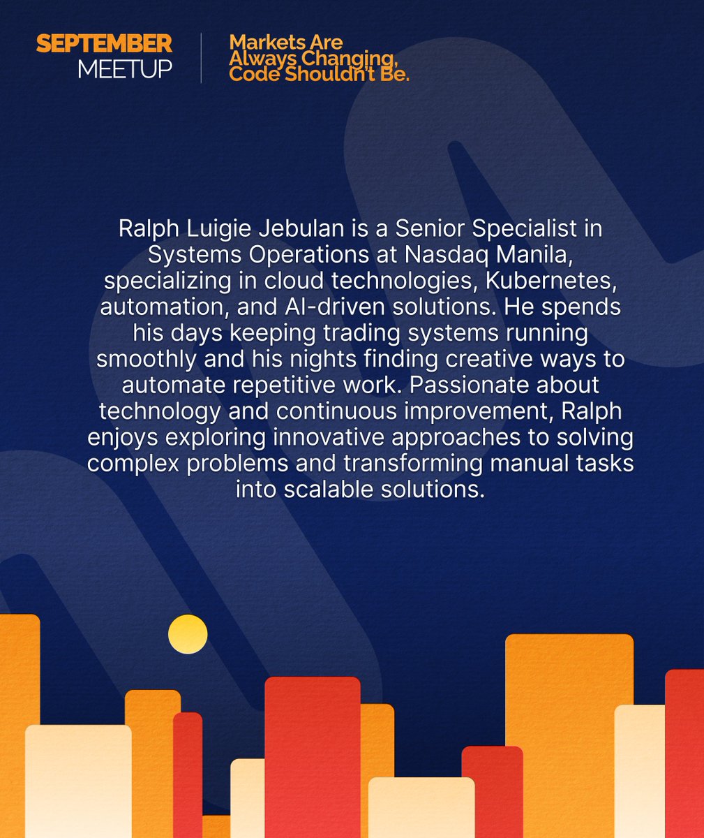 pythonph's tweet photo. 🎤 Hear Ralph’s systems perspective at the 𝐋𝐢𝐠𝐡𝐭𝐧𝐢𝐧𝐠 𝐓𝐚𝐥𝐤 𝐒𝐡𝐨𝐰𝐜𝐚𝐬𝐞!

👉 𝐑𝐞𝐠𝐢𝐬𝐭𝐞𝐫 𝐡𝐞𝐫𝐞: https://t.co/Vi4umLfRJN

#PythonPH #PythonPhilippines #Nasdaq #Kubernetes #Cloud #Automation #AI #SystemsEngineering #LightningTalks #SeptemberMeetup https://t.co/7PpTFraXoC