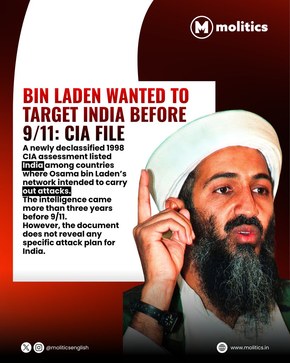 RT by @mikenov: RT by @mikenov: A declassified 1998 CIA brief says Osama bin Laden intended attacks in several countries, including India. No specific India plot is detailed. #CIA #OsamaBinLaden #India