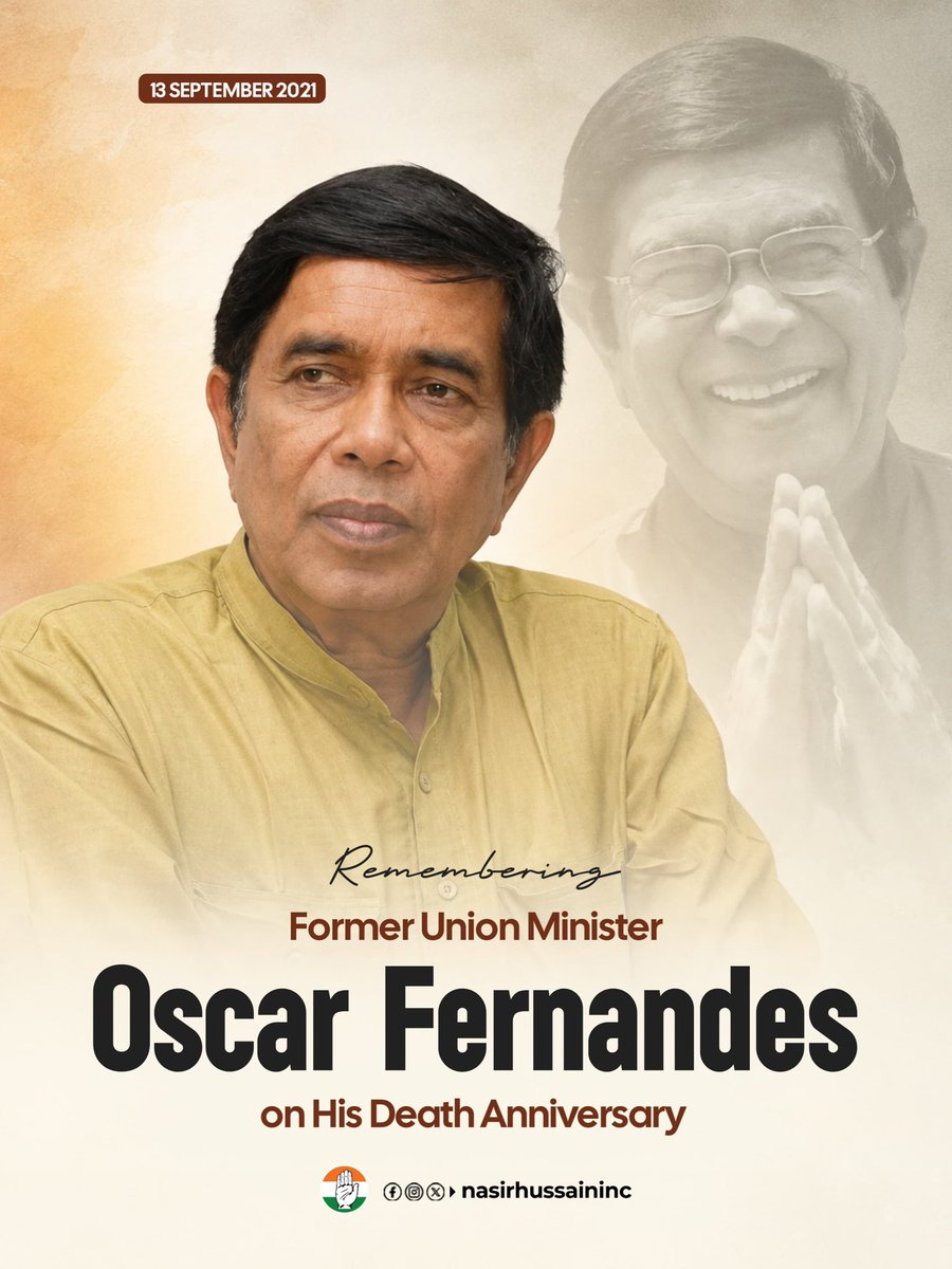 NasirHussainINC's tweet photo. Today, I fondly remember Shri Oscar Fernandes Ji on his death anniversary.

A veteran Congress leader and former Union Minister, Oscar Ji was a pillar of dedication, humility, and unwavering commitment to public service. Over the years, he served the nation in multiple capacities, including as a Member of Parliament and Union Minister, making significant contributions to public life and nation-building. He was widely respected for his integrity and commitment to an inclusive and progressive India.

I was fortunate to know him closely, and his guidance, values, and example remain a constant source of inspiration. His leadership and dedicated service to the nation will always be remembered with deep respect and admiration.

@INCIndia 

#RememberingOscarFernandes #Congress #PublicService #NationBuilding #Leadership