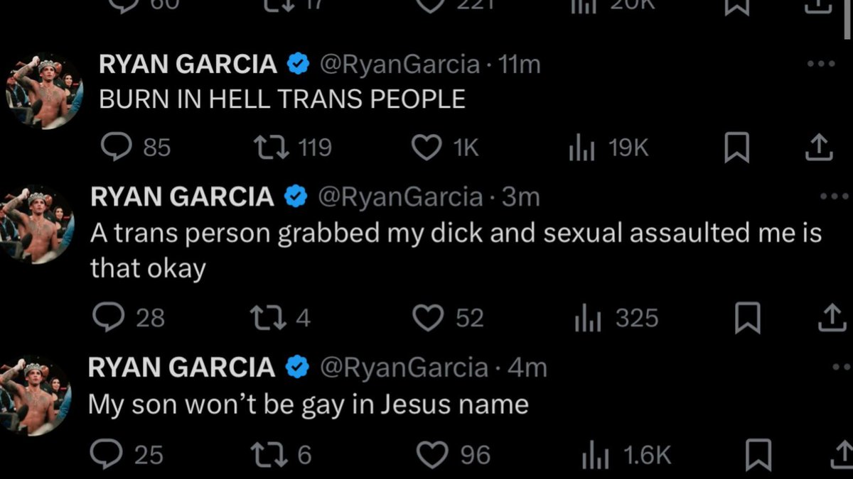 GmaneBoxing's tweet photo. Reminder that Ryan Garcia can go on racist, Islamophobic and homophobic rants and mexican fans will still be right there supporting him lmao #garciabenn https://t.co/W0TgF84Tmn