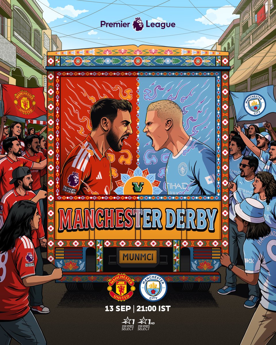 PLforIndia's tweet photo. The MANCHESTER DERBY day is here; it doesn’t get any bigger 🥵

#MUNMCI | @ManUtd | @ManCity https://t.co/emGfqMxzN1