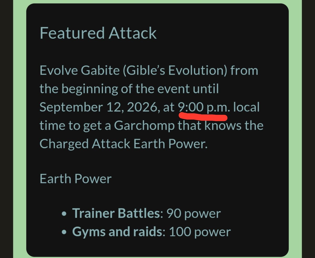 AndroPunk's tweet photo. Once again, the information differs depending on the language. In Spanish, it says Garchomp will learn the attack by 10 PM, while in English it says by 9 PM. Apparently, no one is monitoring what's written on the news blog.

@ScopelyExplore @PokemonGoApp @PokemonGoAppLA https://t.co/oBXnfYI9b7