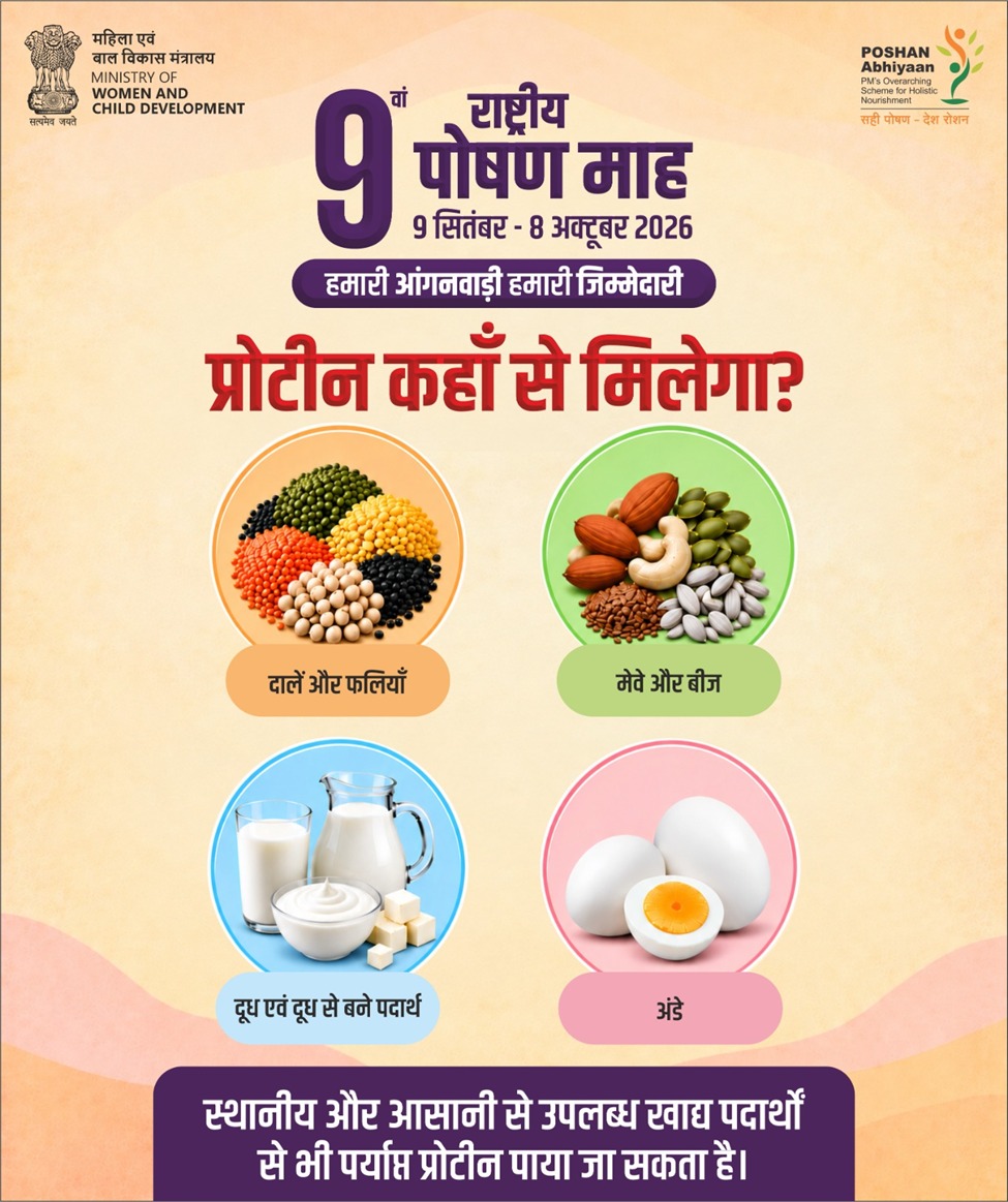 MinistryWCD's tweet photo. दालें, फलियाँ, मेवे, बीज, दूध, अंडे जैसे कई स्थानीय और आसानी से उपलब्ध खाद्य पदार्थ प्रोटीन के अच्छे स्रोत हैं। अपने आहार में इनका संतुलित समावेश करें। 
#PoshanMaah2026 #HamariAnganwadiHamariJimmedari #LocalKhanaProteinKhana #MaaSangPoshan #MaaKeSaathPoshanKeSang https://t.co/JH3BZU2Yog