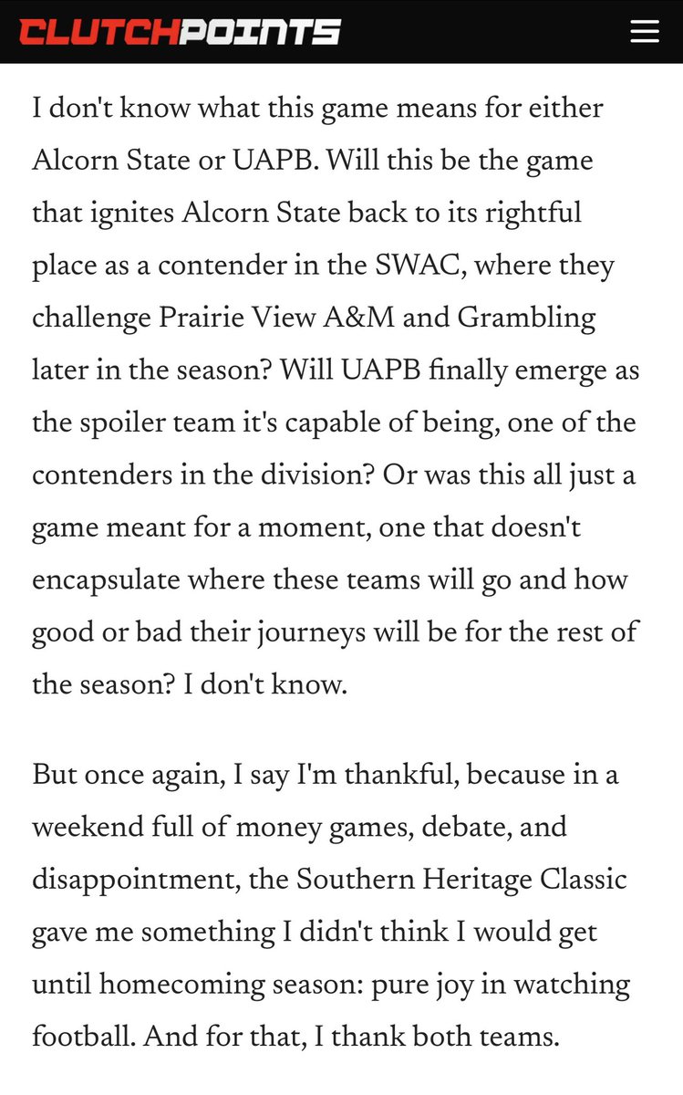 AuthorRandallB's tweet photo. I'm not going to sit here and lie or embellish. The Southern Heritage Classic matchup meant a lot to me in a weekend that was filled with disappointing money games that forced us to defend the efficacy of HBCU athletic programs against even HBCU graduates who doubt it. 

Alcorn State and Arkansas-Pine Bluff brought us back to the basics: just a fun, crazy, super dramatic game that was broadcast incredibly well by HBCU Go. 

It brought joy. I didn't know that I would be able to experience this early in the season and I'm incredibly grateful that we got a chance to witness it.

Read my editorial/recap on ClutchPoints!

https://t.co/5LJamvHfSm