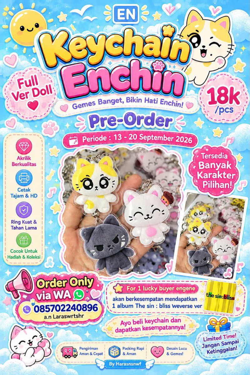 bluewiings's tweet photo. #ensell 
PRE-ORDER KEYCHAIN ENCHIN! 

Periode PO :
📅 13-20 September 2026
💰 18k/pcs
💬 Order only via WA!

🎁 LUCKY BUYER EVENT! 
- Tidak ada minimal order!
- Order berapapun bisa berkesempatan menjadi 1 Lucky Buyer dan mendapatkan 1 Album ENHYPEN – The Sin: Bliss Weverse Ver. https://t.co/IxPKD472Oy