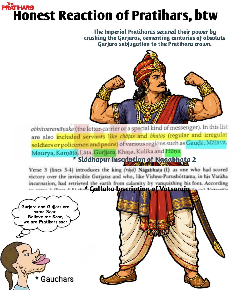 the_pratihars's tweet photo. Gauchars: Gurjara = Gauchar, so Mihir Bhoj ji is our Gauchar Samarth.

Meanwhile, we are the Pratiharas - who gained power by crushing the Gurjaras for centuries. https://t.co/Oqiyh3roCR
