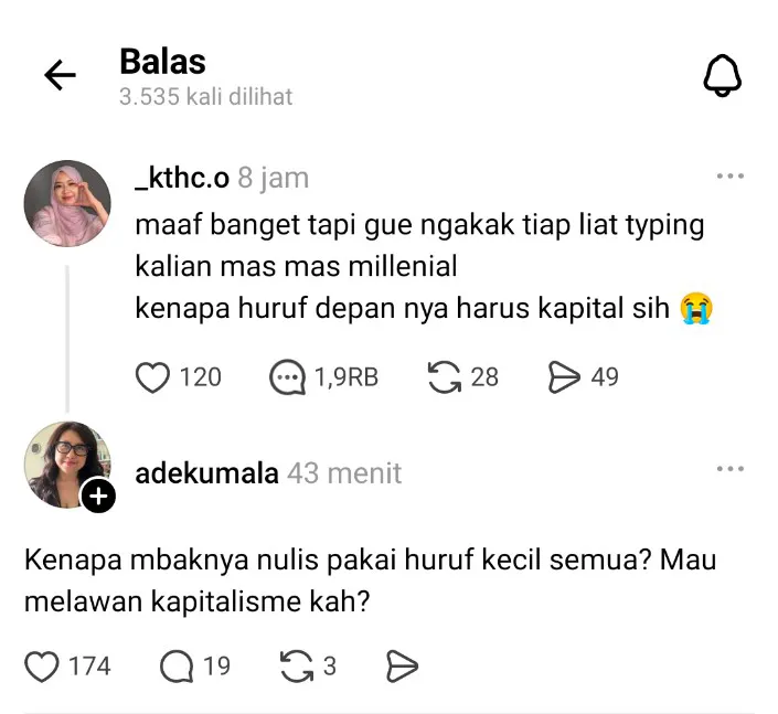 Sipitungscbd's tweet photo. Seperti biasa, kolom komentarnya malah paling seru 😭

Jadi inget, gue pernah dianggap kasar sama salah satu Gen Z cuma gara-gara ngetik pakai titik di belakang kalimat 😭 https://t.co/aHdcmWgIIS