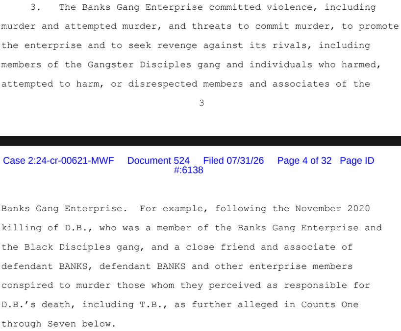 traploreross's tweet photo. Note that Page 3-4 states Durk's gang committed violence [murder of both SM and SR] and other acts to further the enterprise. That Durk used leaders of the gang [Dede, who's been found guilty of stalking resulting in death] recruited others [like Lindsay, also found Guilty] to recruit people to commit violence for the gang [now proven by jury trial]. All of these allegations along with the above allegation of funding drug trafficking and a chicago murder is included in the 'Introductiry Allegations' [page 2-11] which each of the outstanding counts [1+7] cite AS WELL as the death of SR.
