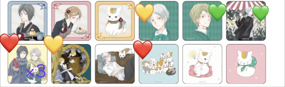Thk2mT's tweet photo. 【交換】夏目友人帳カフェ　特典 コースター
（譲）❤️＞💛
（求）💚
※💛は複数纏めて交換の方優先
※黄色背景のコースターは3枚所持
※前期⇄後期○
※8月17日池袋のカフェにて手渡し交換
※郵送は手渡し交換が見つからない場合
※検討にお時間頂くことご理解頂ける方
※検索からもお待ちしております https://t.co/Hd8uBxAxPv