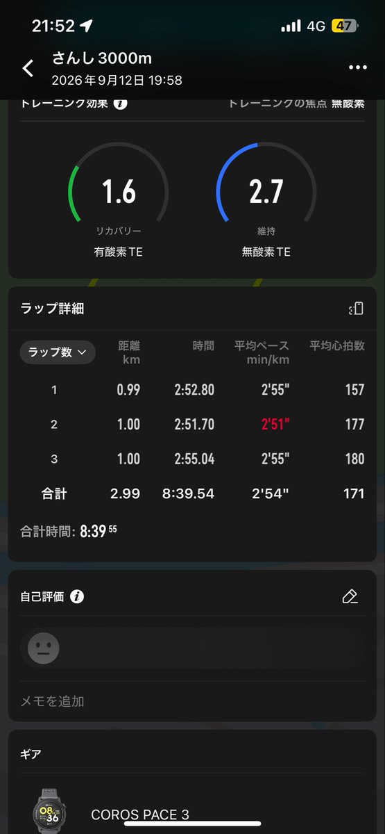 miyarun's tweet photo. 9/6（日） longJog（25km）

9/7（月） 12kmJog

9/8（火） 10.8kmテンポラン

9/9（水） 12kmJog

9/10（木） 7kmJog+1km×2（3'00-2'57）

9/11（金） 12kmJog+流し

9/12（土） 
朝10kmJog
午後 三泗ナイター3000m（8'40"03）

落としの週&amp;週末はシーズン後半戦初戦の3000mでした https://t.co/KhNcU2WlDL
