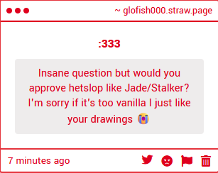 Glowfish888's tweet photo. anon DONT WORRY jadestalker is NOT hetslop. that man loves his wife too much for it to be slop. And don't worry about being vanilla i like drawing nice romancey stuff!! as for the question... idk its a case by case basis, depends on how slop your het is........ https://t.co/7qfXrXAi5a