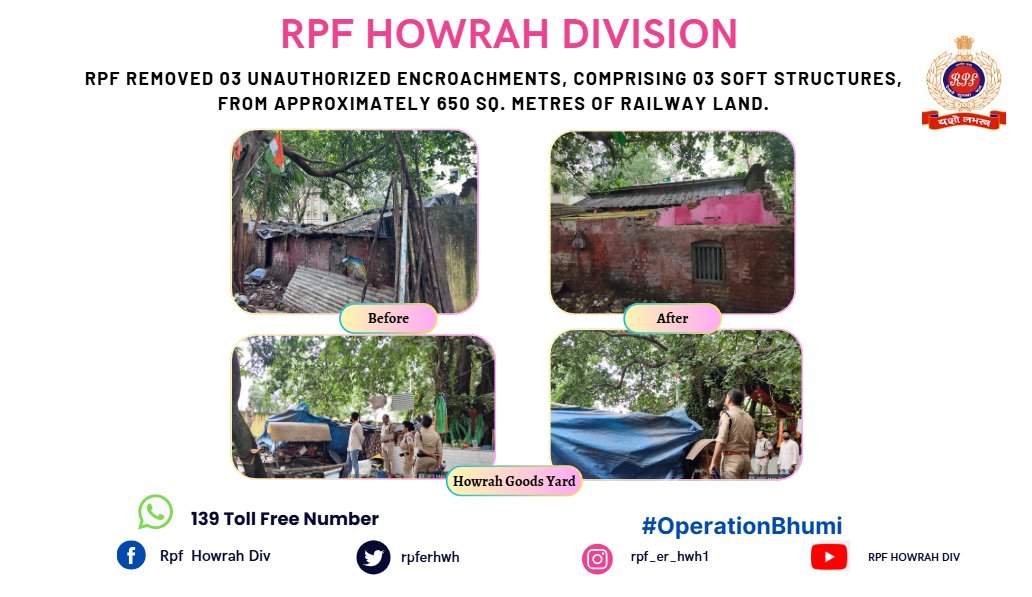 rpferhwh's tweet photo. #operationbhoomi RPF removed 03 unauthorized encroachments, comprising 03 soft structures, from approximately 650 sq. metres of railway land.
@RPF_INDIA
@ErRpf
@drmhowrah https://t.co/bQoWA9HYEN