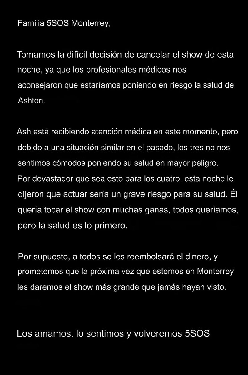 5SOSDATESLAT's tweet photo. Comunicado de la banda. #EASMonterrey https://t.co/YI95ZE0Z9v