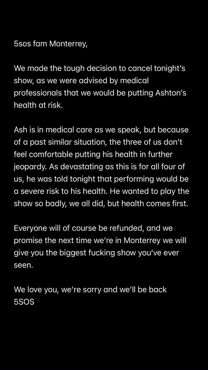 5SOSDATESLAT's tweet photo. Comunicado de la banda. #EASMonterrey https://t.co/YI95ZE0Z9v