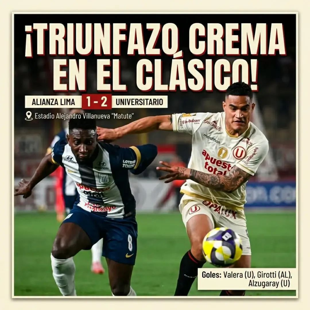 USCPucallpa's tweet photo. #fblifestyle
🔥 ¡LA ‘U’ SE IMPUSO EN EL CLÁSICO!

Universitario derrotó 2-1 a Alianza Lima en Matute y se quedó con un clásico vibrante, disputado hasta el último minuto. 🟡🔴 https://t.co/l7QvTMp1JJ