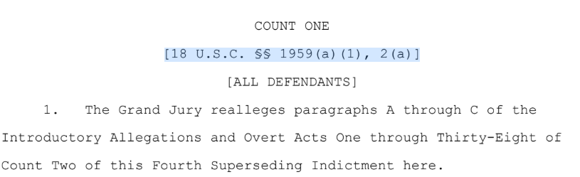 traploreross's tweet photo. So the charge is VICAR - Violent Crime in aid of Racketeering activity. [18 U.S. Code § 1959] That's Charge 1. This is a charge that encompasses all of the Racket and the violence [2x murder, 1x California, 1x Chicago + 2x attempted murder in Georgia]. The Drug trafficking is part of the racket that the violent crime was committed in aid of. Basically remaining charges Durk, Dede and Lindsay is facing jointly are 1 & 7 encompassing all of the activity outlined in the Introductory Allegations [Page 2-11] which includes the murder of Stephon Mack [Victim 2]. This is why it cites a collection of statutes that cover murder in California and Chicago & Attempted Murder in Georgia and Federal drug distribution. Nobody is charged with drug trafficking, it's a racket that did some drug dealing that killed people to further it's goals. I'm really just trying to get to the bottom of what these remaining charges are since it's the reason Lil Durk is not currently free.